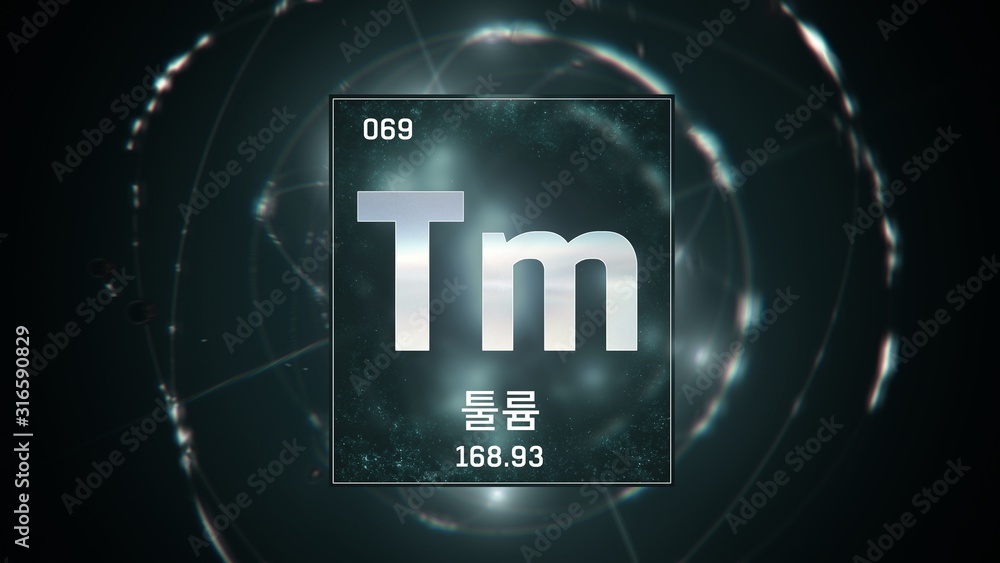 3D illustration of Thulium as Element 69 of the Periodic Table. Green ...