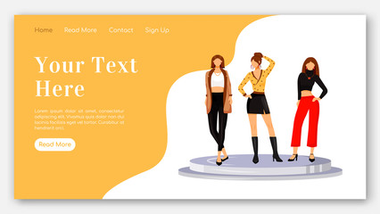 Wall Mural - Runway models looks landing page flat color vector template. Fashion designers clothes homepage layout. Trendy outfits one page website interface with cartoon illustration. Catwalk web banner, webpage