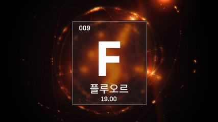 3D illustration of Fluorine as Element 9 of the Periodic Table. Orange illuminated atom design background orbiting electrons name, atomic weight element number in Korean language