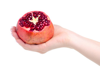 Canvas Print - pomegranate fruit in hand on white background isolation