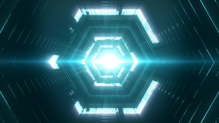 Futuristic portal background with bright particles and vibrant light in the center. Abstract data tunnel in hexagonal shape for technology concept.