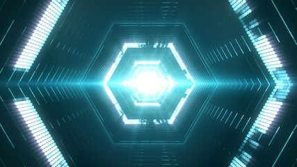 Wall Mural - abstract background with futuristic portal and digital particles. hexagon pattern tunnel in a cyber 