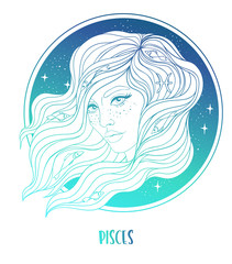 Wall Mural - Illustration of Pisces astrological sign as a beautiful girl. Zodiac vector illustration isolated on white. Future telling, horoscope, alchemy, spirituality, occultism, fashion woman.