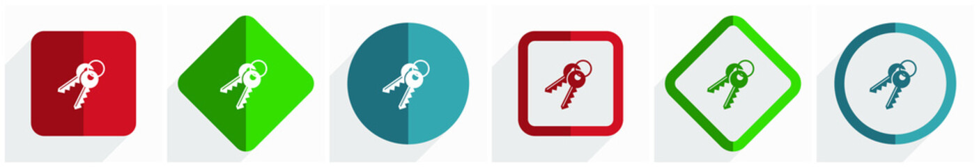 Leinwandbilder - Keys icon set, flat design vector illustration in 6 options for webdesign and mobile applications in eps 10