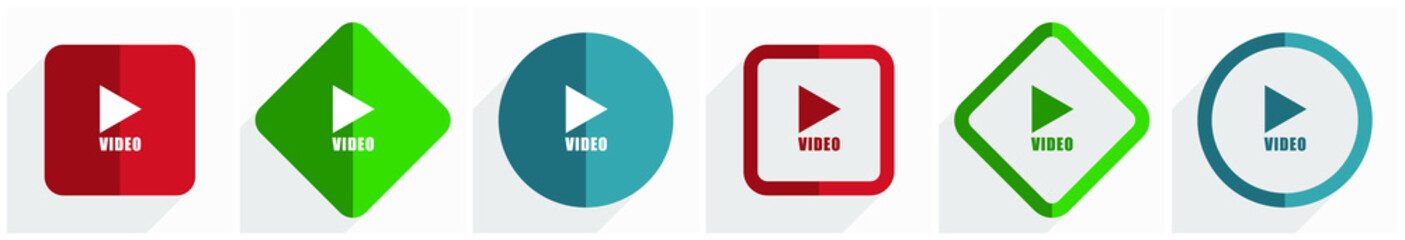 Aufkleber - Video icon set, flat design vector illustration in 6 options for webdesign and mobile applications in eps 10