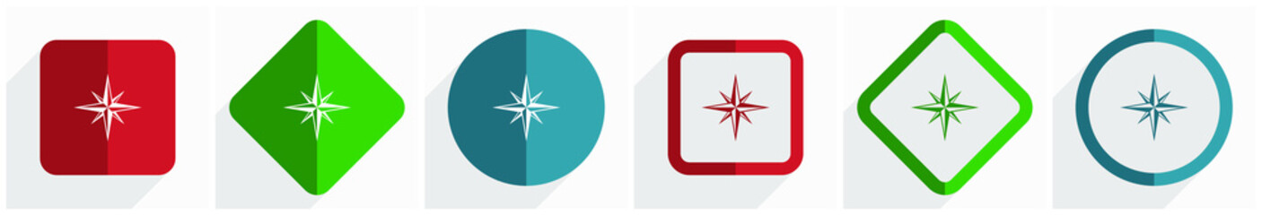 Leinwandbilder - Compass icon set, flat design vector illustration in 6 options for webdesign and mobile applications in eps 10