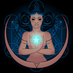 Sticker - African American magic woman holding all seeing eye with rays. Vector Illustration. Mysterious black girl over sacred geometry symbols and wings. Alchemy, religion, spirituality, occultism, tattoo art