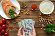 © Nataliia - High costs for healthy food. Dollar currency value. Financial situation in USA. Salmon with rice, vegetables and beans.
