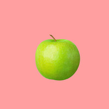 Floating Levitating Ripe Green Apple On Cherry Pink Background. Creative Food Poster For Vitamins Healthy Diet Organic Cosmetics Concept