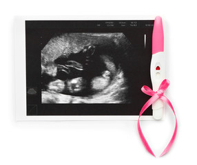 Sticker - Pregnancy test and sonogram image on white background