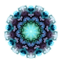Watercolor Flower Mandala Pattern In Dark Tones Isolated On White Background. Kaleidoscope Effect.