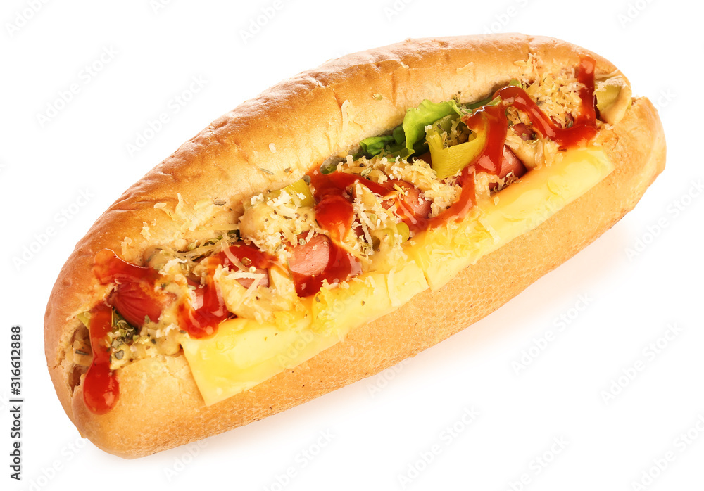 Tasty hot dog on white background