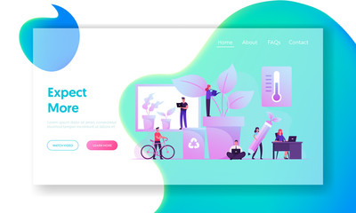 Wall Mural - Eco Technologies for Work Website Landing Page. Business People Work in Modern Office with Green Plants. Creative People with Laptops Successful Team Web Page Banner. Cartoon Flat Vector Illustration