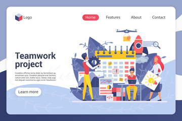 Wall Mural - Teamwork project landing page vector template. Company department harmonious work, duties distribution, co-workers faceless characters. Partnership, cooperation web banner homepage design layout