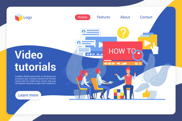 Wall Mural - Video tutorials flat landing page vector template. Online students, learners, Internet users faceless characters. Online course, guide, video master class web banner homepage design layout