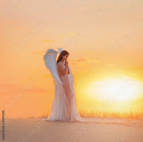 Fotomural Attractive young woman angel stands in desert praying