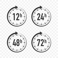 12, 24, 48, 72 hours clock arrow. Work time effect or delivery service time. Vector stock illustration.