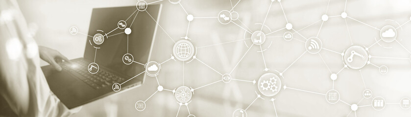 Wall Mural - Technology background. Workflow organisation structure on virtual screen. Laptop.