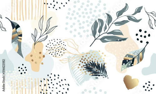Cuadros en Lienzo Seamless exotic pattern with tropical plants and gold glitter elements