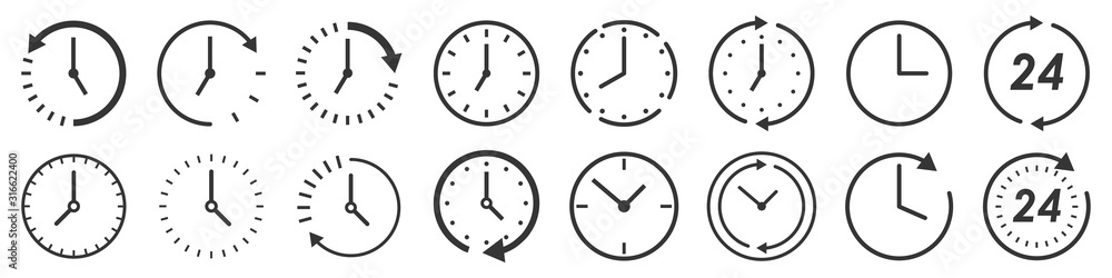 Vector Time and Clock icons in thin line style. - obrazy, fototapety, plakaty 