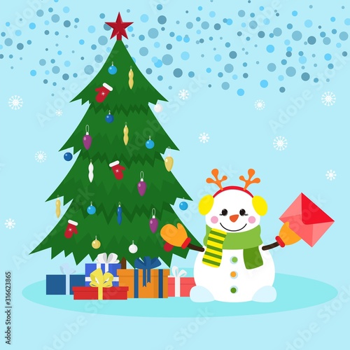 Christmas xmas new year holiday celebration card vector illustration. Snowman...