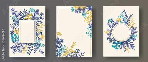 Hand drawn herb twigs, tree branches, flowers floral invitation cards set. He...