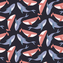 Tender Dark Seamless Pattern With Coral Pink And Blue Hand Drawn Whales On Sea Background. Cute Hand Drawn Texture With Cetacean For Kids Design, Wallpaper, Textile, Wrapping Paper
