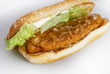 Fried Chicken Burger, Flat Detail, Landscape Format, On White Background