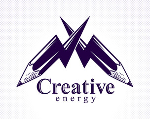 Creative energy power concept shown by two pencils in a shape of lightning bolts crossed, vector logo or icon, the power of idea, design and art, science invention or research.