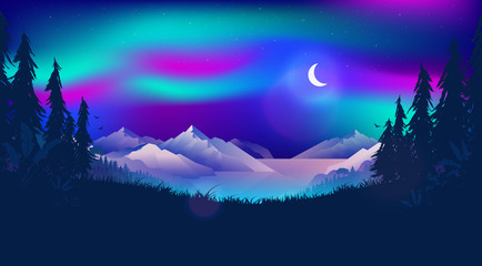 northern lights illustration - aurora borealis in the sky over a norwegian fjord. beautiful northern