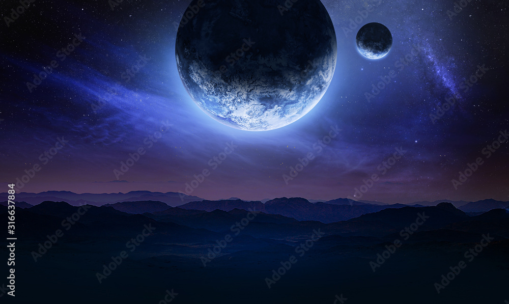 Dark blue space art with landscape and planets in the sky. Mountains and clouds. Elements of this image furnished by NASA - obrazy, fototapety, plakaty 