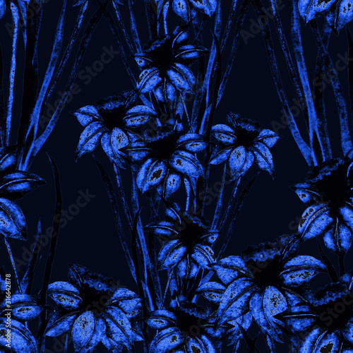 Watercolor seamless pattern with spring flowers: tulips, daffodils, lilac, mi...