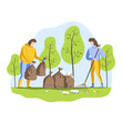Volunteers clean up garbage in the forest. Young people collect garbage in bags. Vector illustration in a flat style