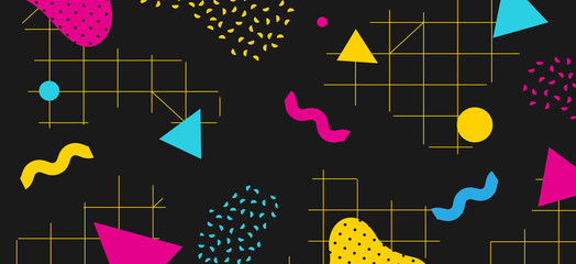 background in the style of the 80s with multicolored geometric shapes on the black background. illus