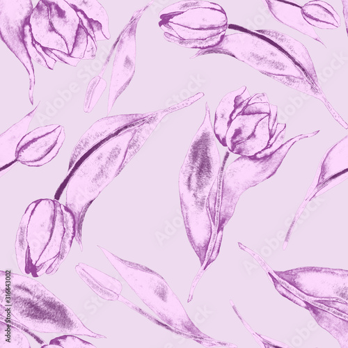 Watercolor seamless pattern with beautiful creative tulips. Bright spring pri...