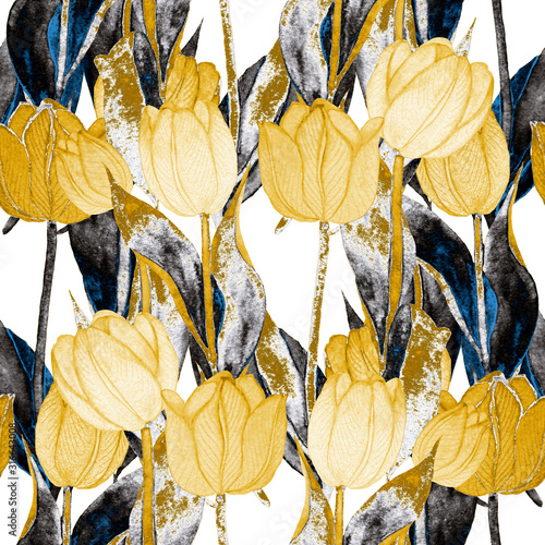 Watercolor seamless pattern with beautiful creative tulips. Bright spring pri...