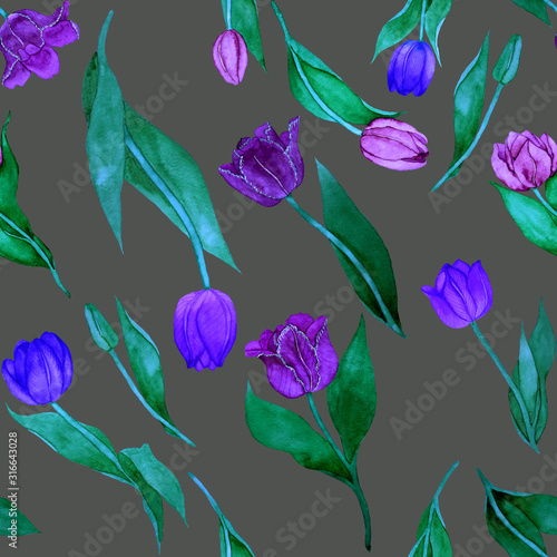 Watercolor seamless pattern with beautiful creative tulips. Bright spring pri...