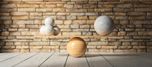 Wooden Scale Balancing One Big Ball And Four Small Ones On Wooden Floor