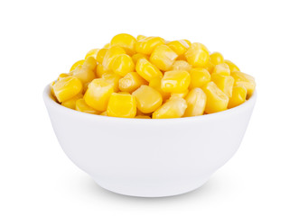 Boiled corn seeds in white bowl isolated on white background