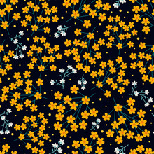 Beautiful Seamless Floral Pattern With Rich Yellow Flowers On A Black Background. A Colorful Botanical Print, Creative Fashion Template... Bright Blossom And Dots. Vector Hand-drawn Illustration.