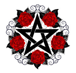 Poster - Pentagram with red roses