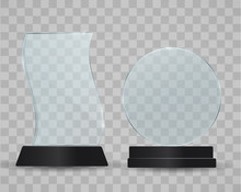 Set Of Transparent Glass Awards, Trophy Glass Table Display. Plastic Clear Stand Reflection Shiny Plates Vector Isolated Template