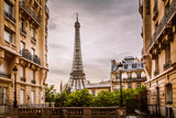 Fototapeta Paryż - Eiffel Tower view from a residential corner in Paris, France