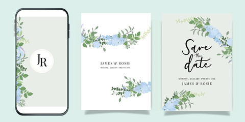 Summer Flower Wedding Invitation set, floral invite thank you, rsvp modern card Design in blue flower and leaf greenery  branches with blue background decorative Vector elegant rustic template