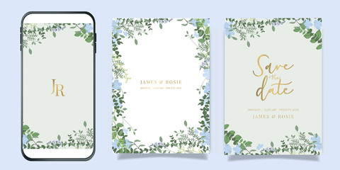 Summer Flower Wedding Invitation set, floral invite thank you, rsvp modern card Design in blue flower and leaf greenery  branches with blue background decorative Vector elegant rustic template