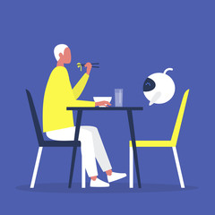 Wall Mural - Young male character having lunch with a robot, artificial intelligence, futuristic technologies