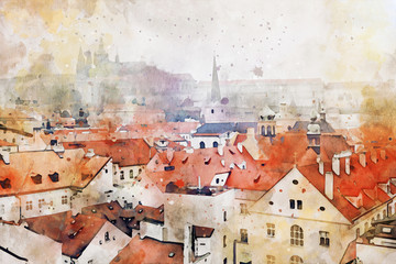 watercolor style and abstract illustration of Prague old houses tile roofs, castle and cathedral. view from above