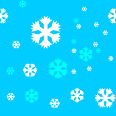 Blue and white snowflakes symbol vector repeat pattern on blue background.