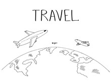 Planes Fly Around Earth Graphic Black White Travel Sketch Illustration Vector