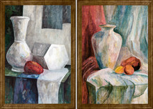 Two Paintings By The Artist In A Wooden Frame. Still Life Painted With Art Paints. Jug And Fruits On A Woven Tablecloth
